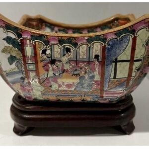 CHINESE FAMILLE ROSE LARGE SQUARE PORCELAIN BOWL WITH ROSE WOOD STAND CIRCA